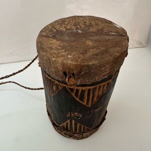 Vintage Artisan African Drum Hand Carved Double Headed Wood Animal Skin OOAK HTF